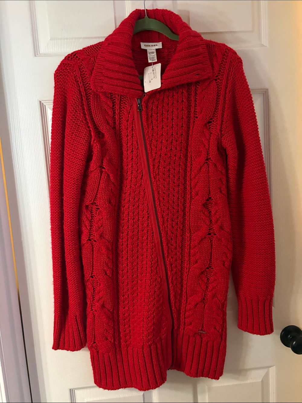 Diesel Red Cable-Knit Zip Cardigan Sweater